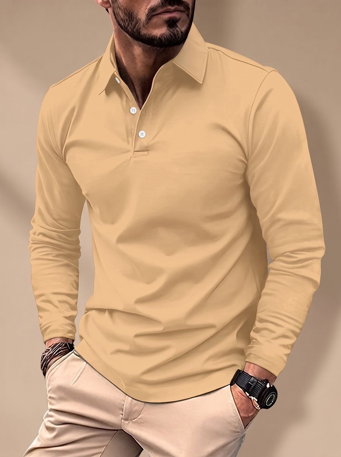 Men's Slim-Fit Long-Sleeve Polo Shirt Collared - Khaki