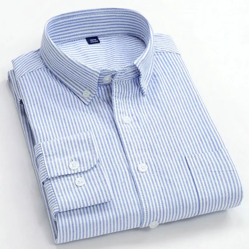 Men's Striped Cotton Shirt Button Down Long Sleeve - Light Blue