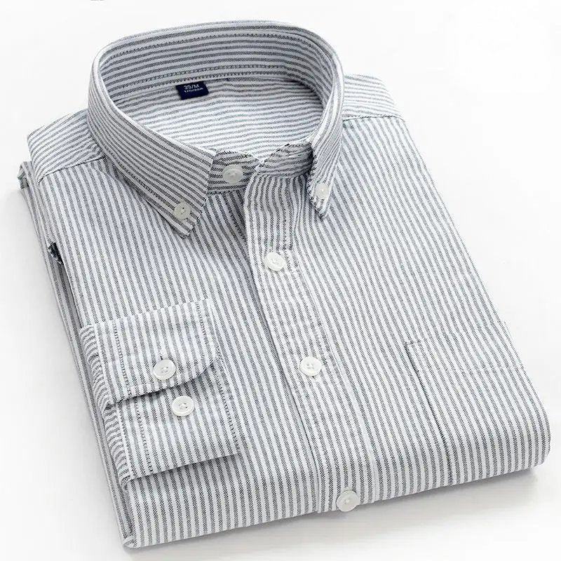 Men's Striped Cotton Shirt Button Down Long Sleeve - Light Gray
