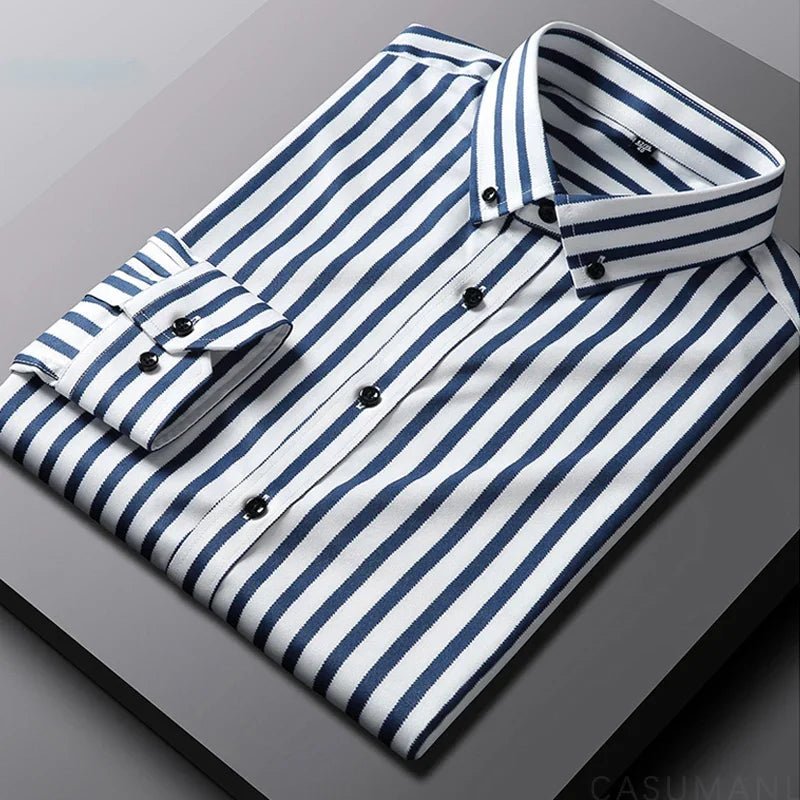 Men's Striped Cotton Shirt Relaxed Fit Long Sleeve - Blue