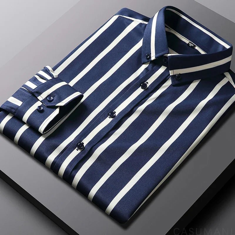 Men's Striped Cotton Shirt Relaxed Fit Long Sleeve - Dark blue