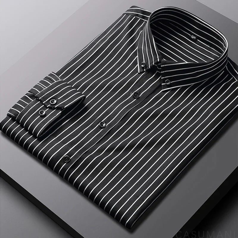 Men's Striped Cotton Shirt Relaxed Fit Long Sleeve - Black