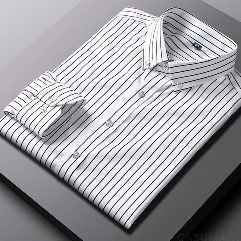 Men's Striped Cotton Shirt Relaxed Fit Long Sleeve - White