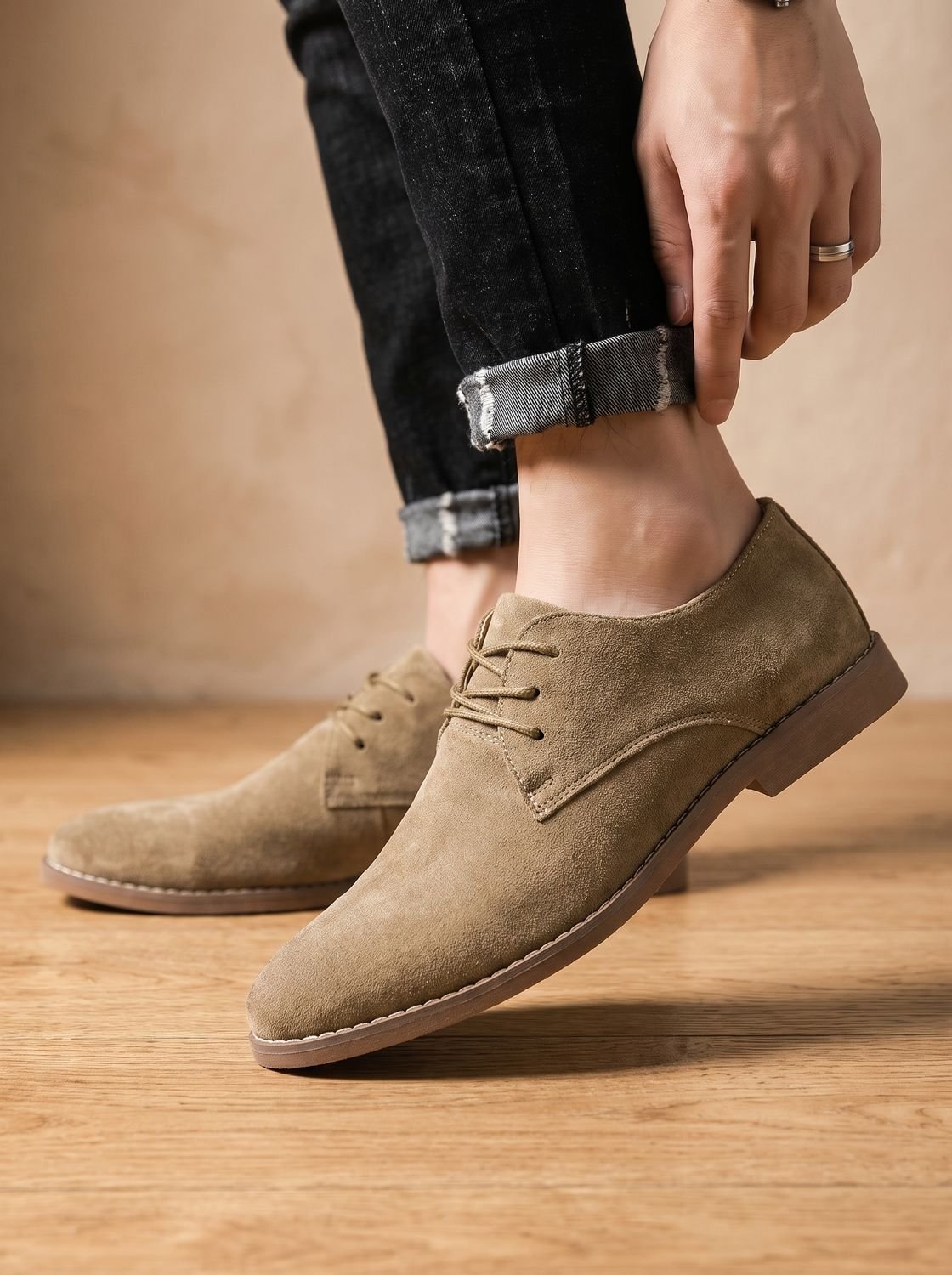 Men's Suede Lace-Up Derby Shoes Minimalist Oxford - Khaki