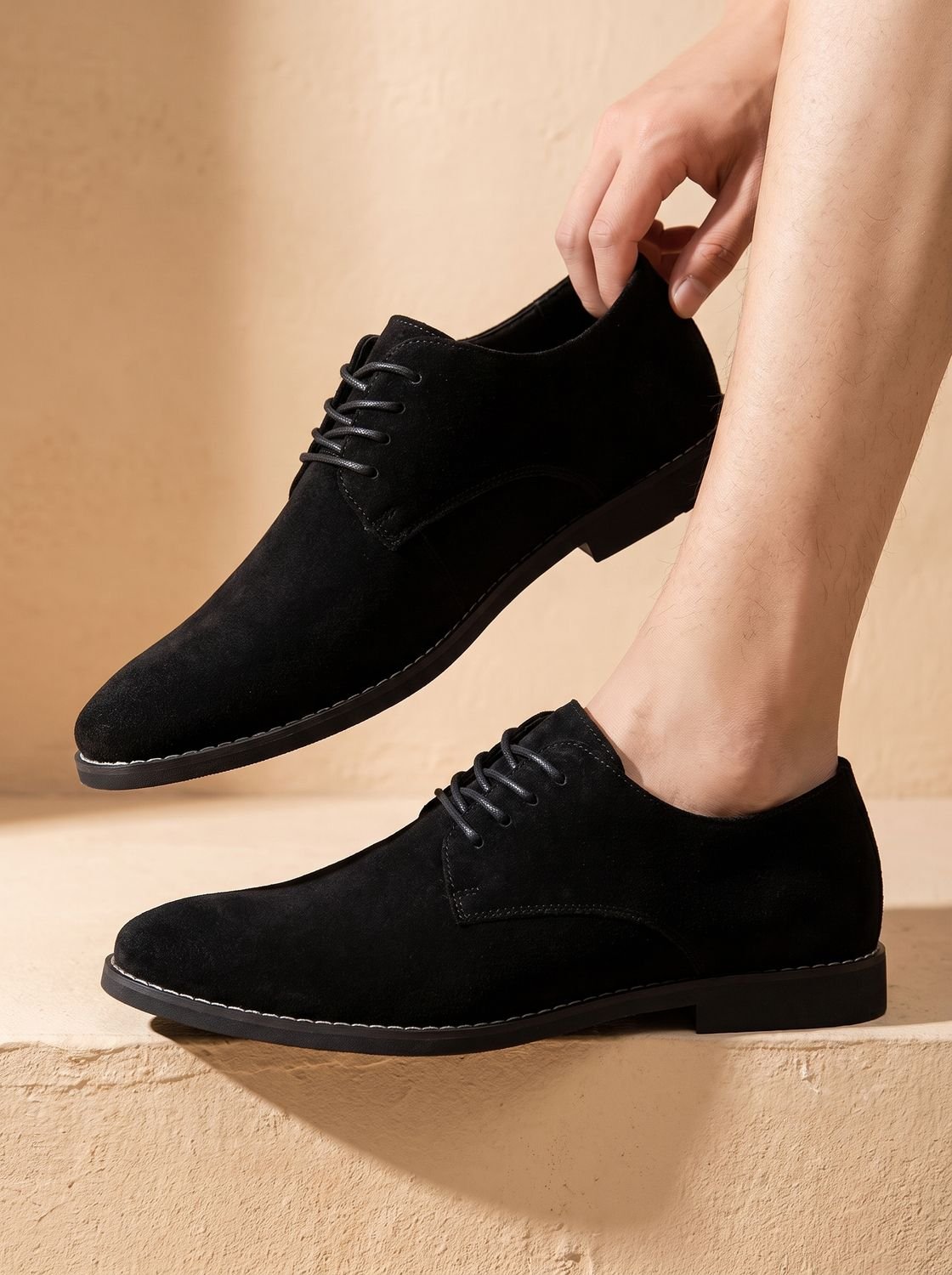 Men's Suede Lace-Up Derby Shoes Minimalist Oxford - Black