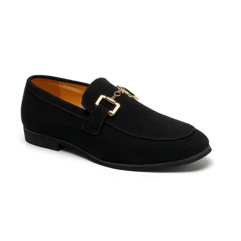 Men's Suede Loafers Slip-On Gold Chain Detail Dress - Black