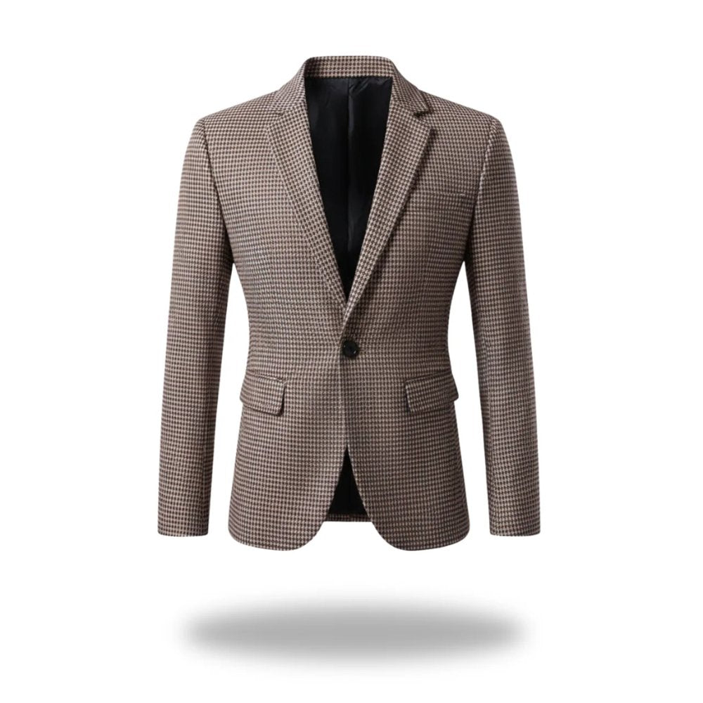 Men's Tailored Blazer Houndstooth Cotton Blend Slim Fit - Khaki