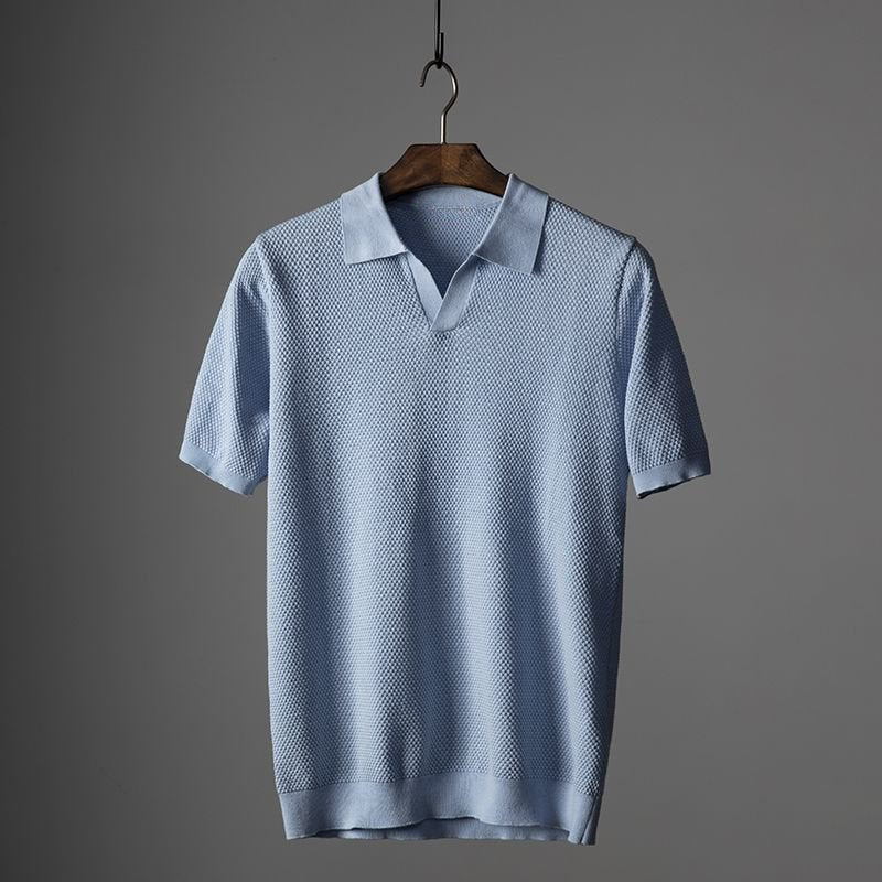 Men's Textured Knit Polo Shirt Short Sleeve Classic Fit - Blue