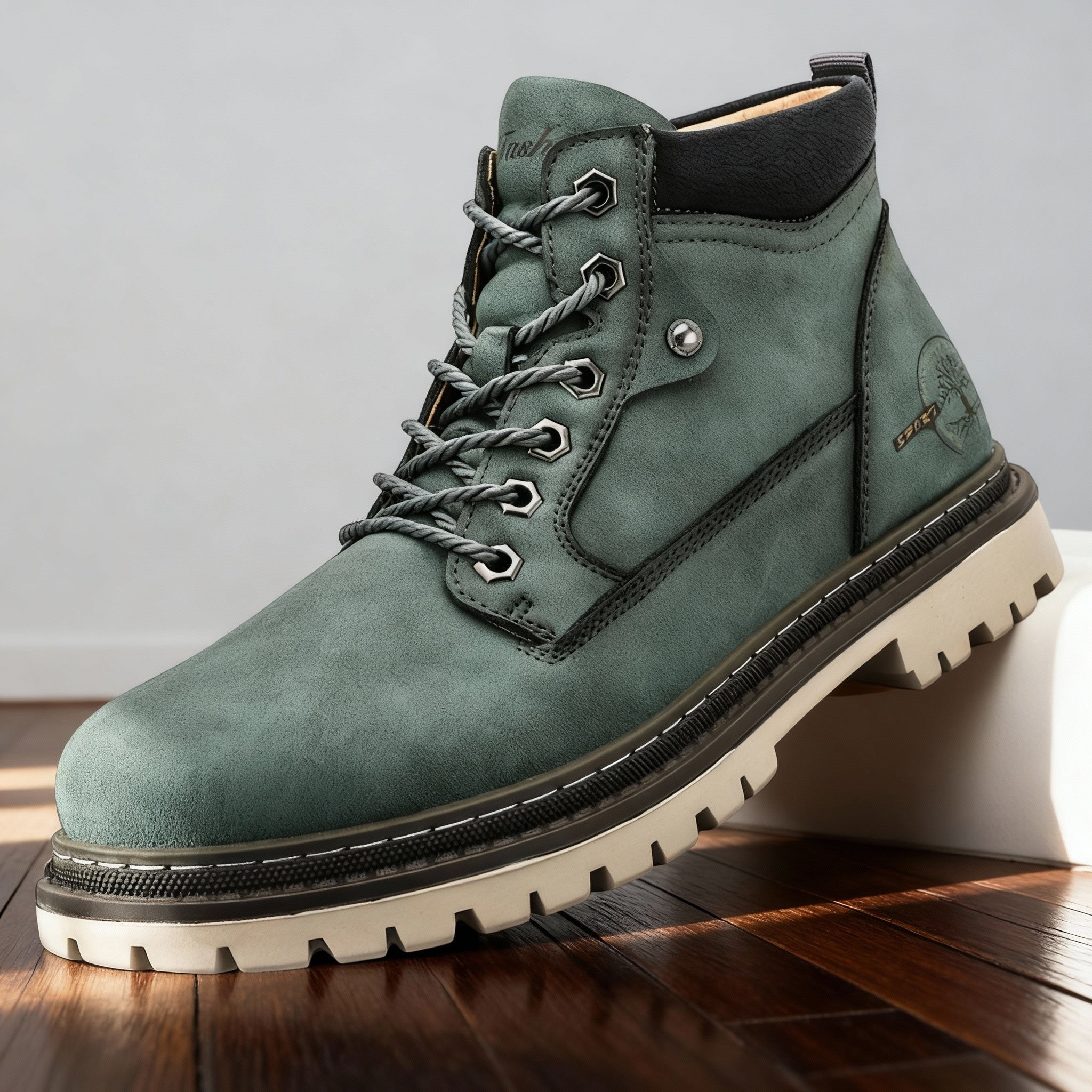 Men's Work Boots Lace-Up Leather Anti-Slip Cushioned - Moss Green