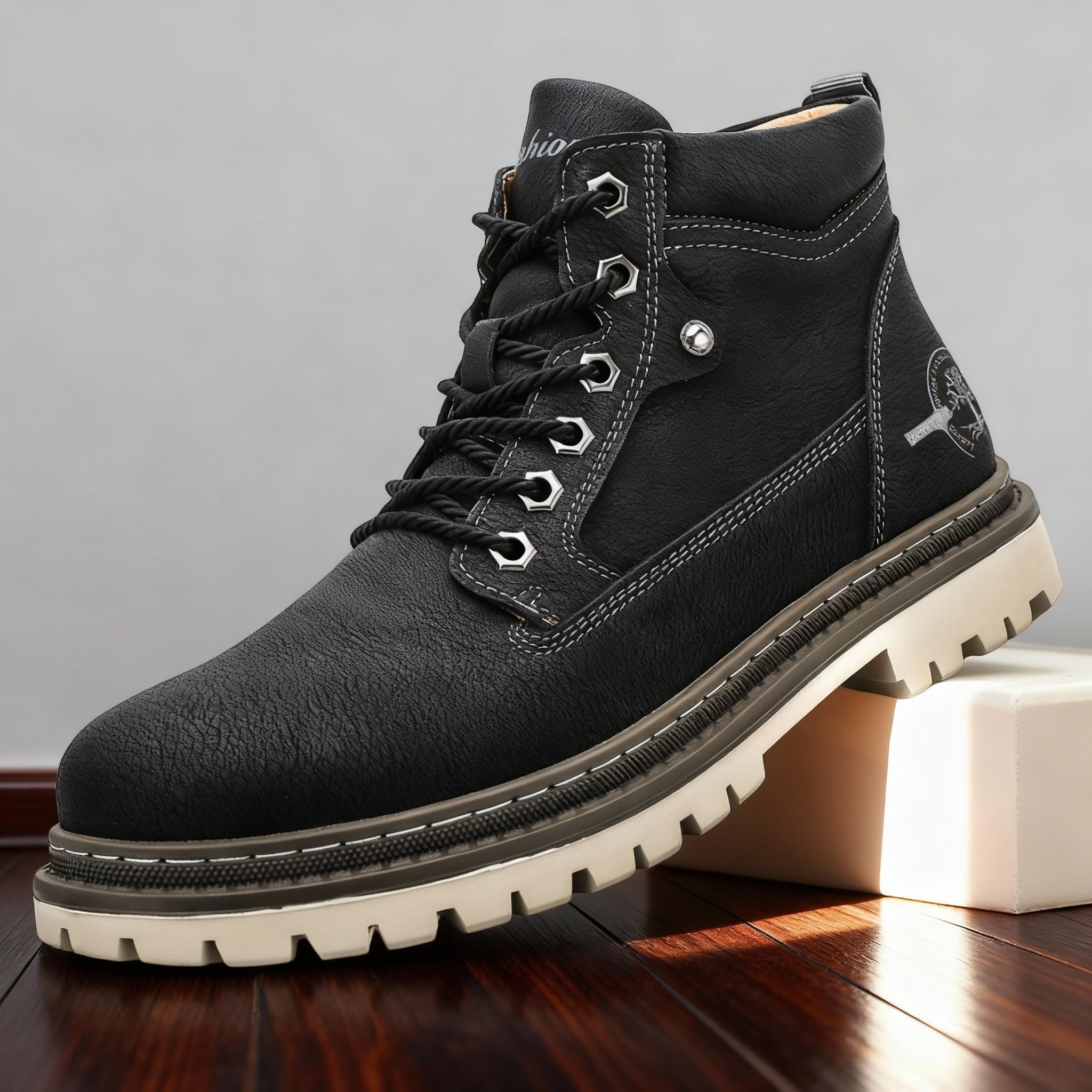 Men's Work Boots Lace-Up Leather Anti-Slip Cushioned - Black
