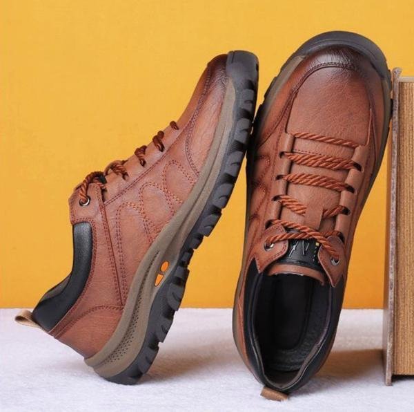 Men's Work Boots Leather Lace-Up Casual Safety Shoes - Brown
