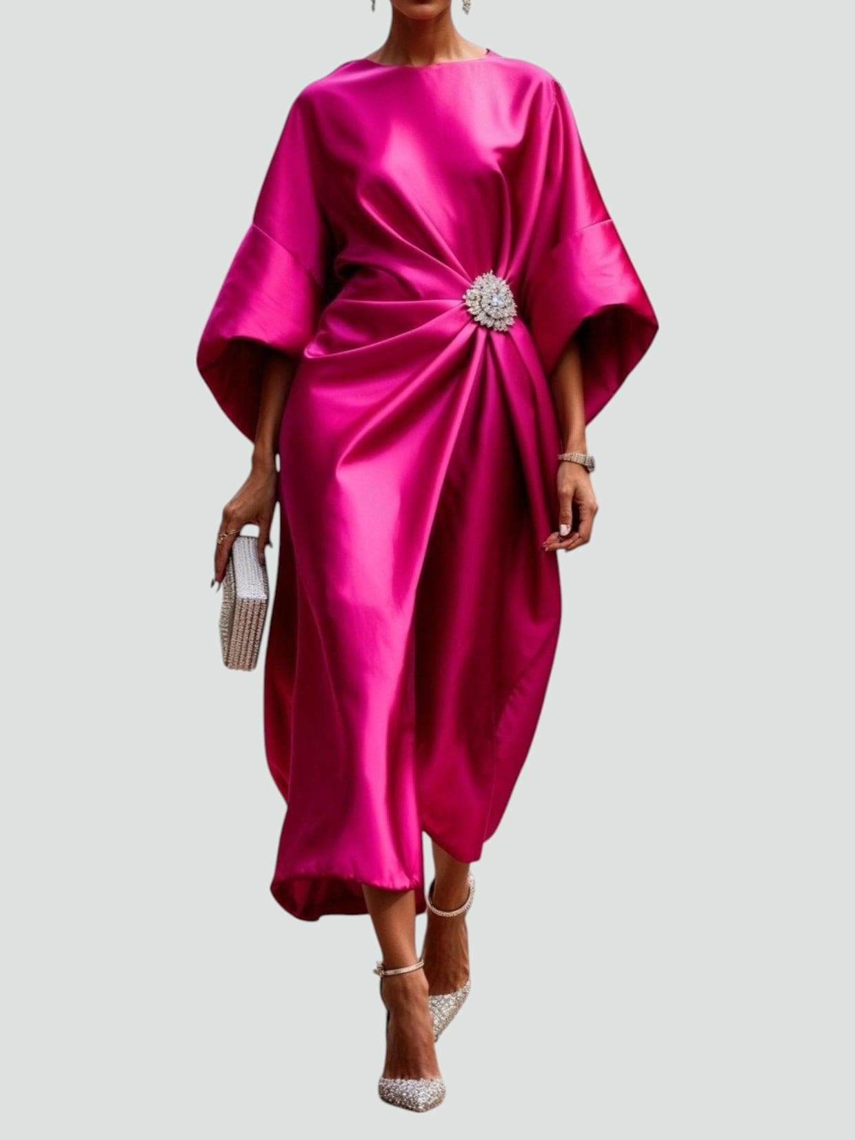 Midi Dress Batwing Sleeve Brooch Detail Draped Satin - Pink