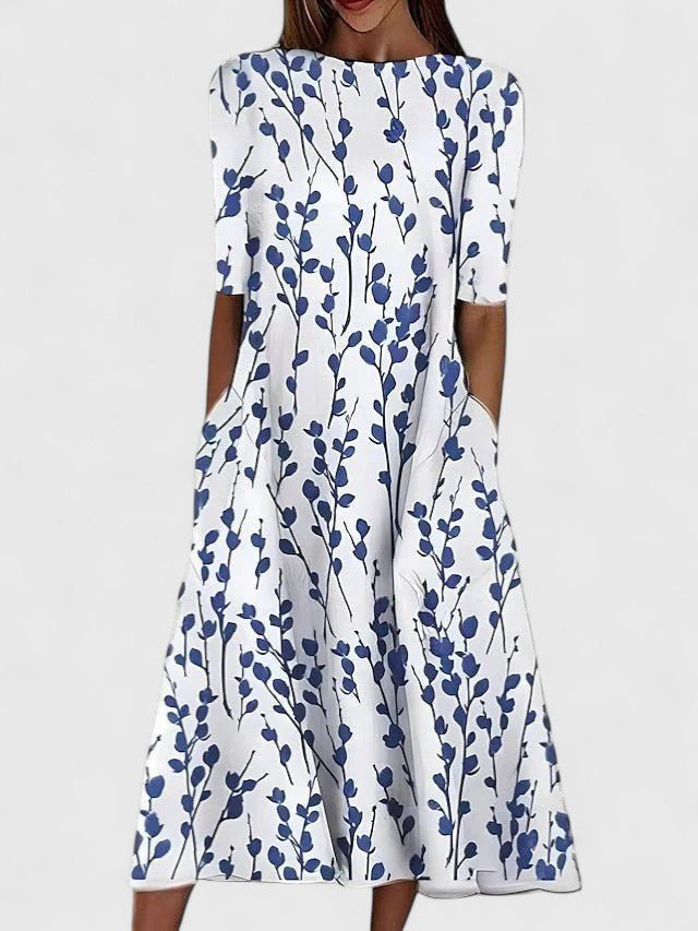 Midi Dress Floral Print Round Neck Half Sleeve Pockets - Blue
