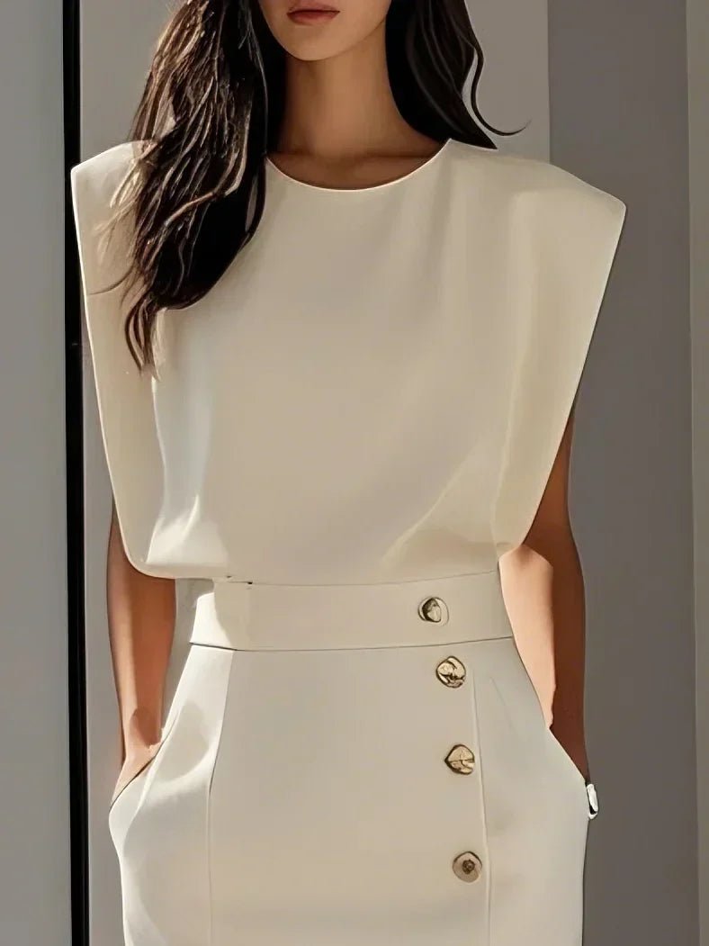 Midi Dress Round Neck Button Slit Sleeveless
