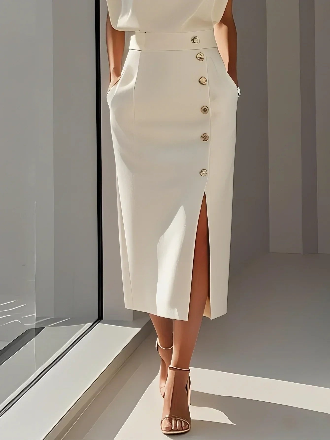 Midi Dress Round Neck Button Slit Sleeveless