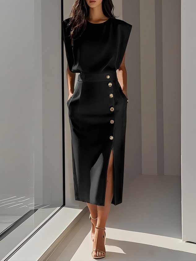 Midi Dress Round Neck Button Slit Sleeveless - Black