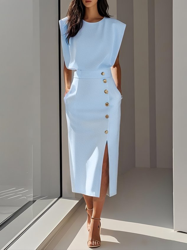 Midi Dress Round Neck Button Slit Sleeveless - Light Blue