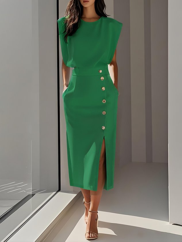 Midi Dress Round Neck Button Slit Sleeveless - Green