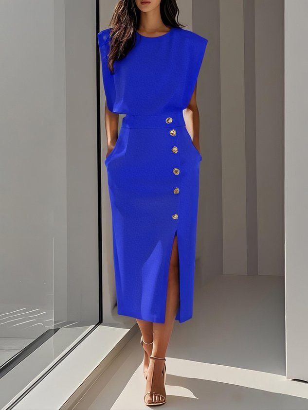 Midi Dress Round Neck Button Slit Sleeveless - Royal Blue