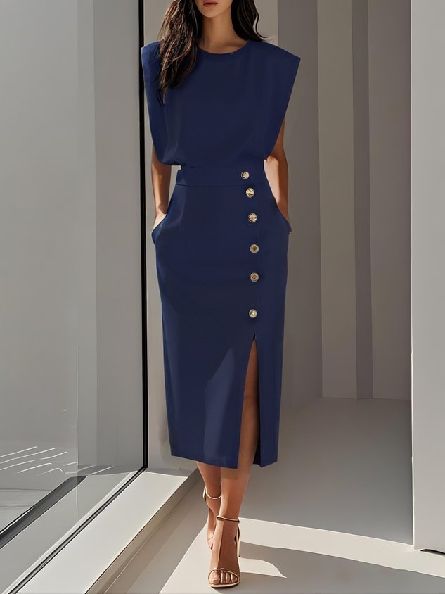 Midi Dress Round Neck Button Slit Sleeveless - Blue