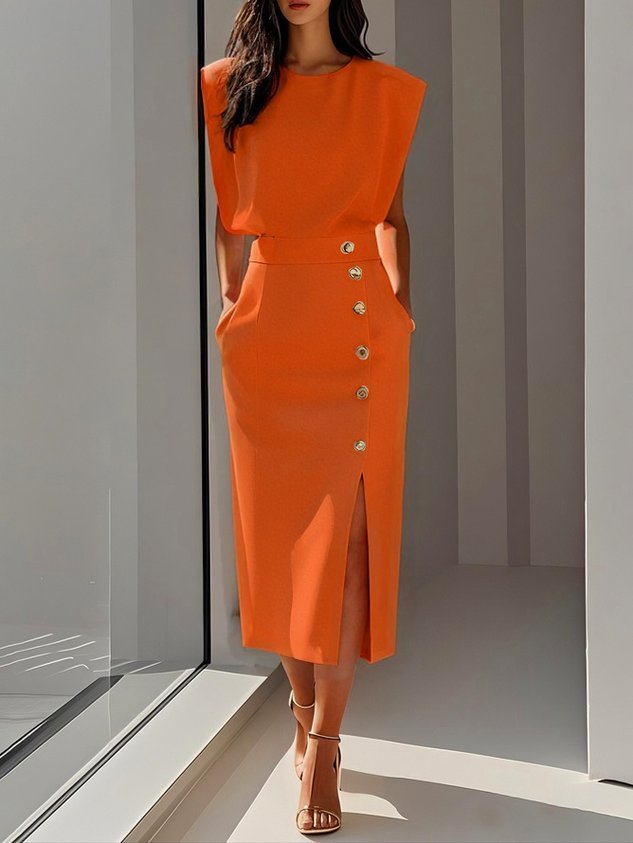 Midi Dress Round Neck Button Slit Sleeveless - Orange