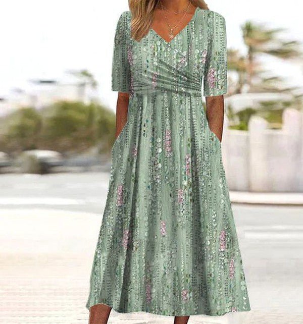 Midi Wrap Dress Floral A-Line V-Neck Short Sleeve Summer - Green