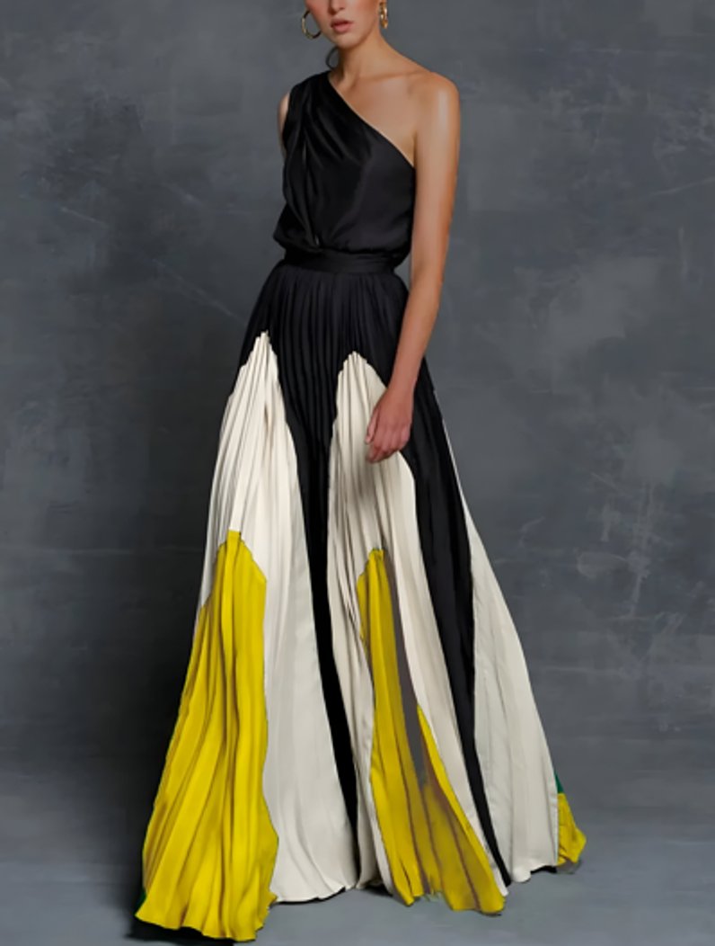 Mother of the Bride Dress One-Shoulder Pleated Colour-Block Maxi Gown - Sunburst Monochrome Elegance