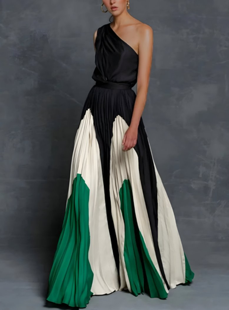 Mother of the Bride Dress One-Shoulder Pleated Colour-Block Maxi Gown - Emerald Monochrome Elegance