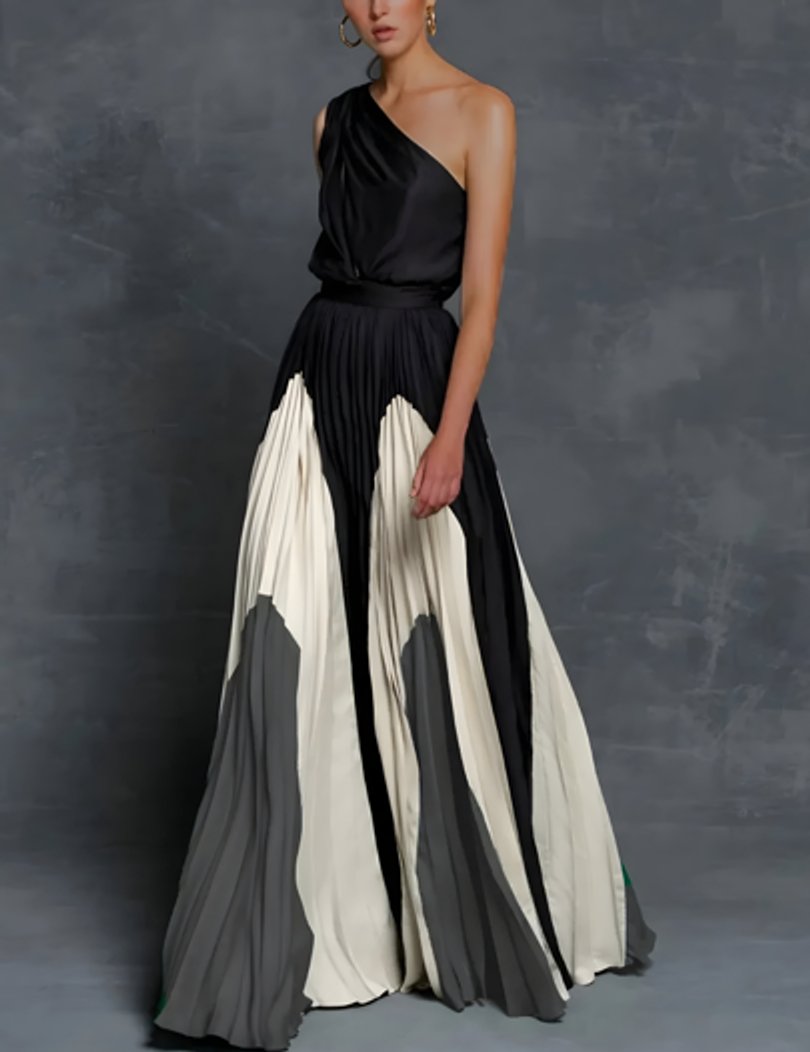 Mother of the Bride Dress One-Shoulder Pleated Colour-Block Maxi Gown - Monochrome Wave Elegance