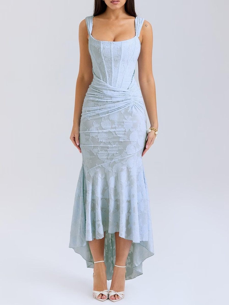 Mother of the Bride Dress Ruched Corset Mermaid Jacquard Lace Midi - Blue