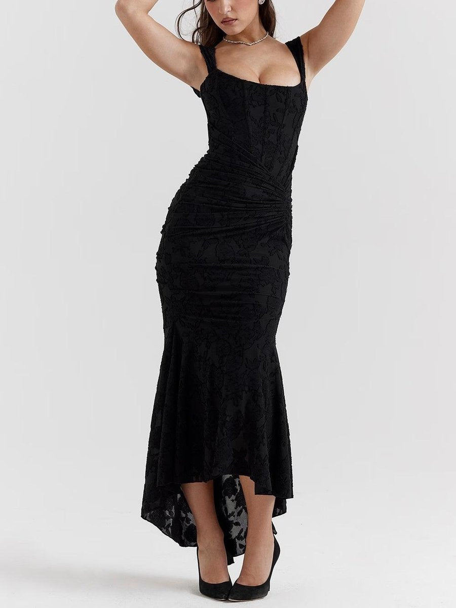 Mother of the Bride Dress Ruched Corset Mermaid Jacquard Lace Midi - Black