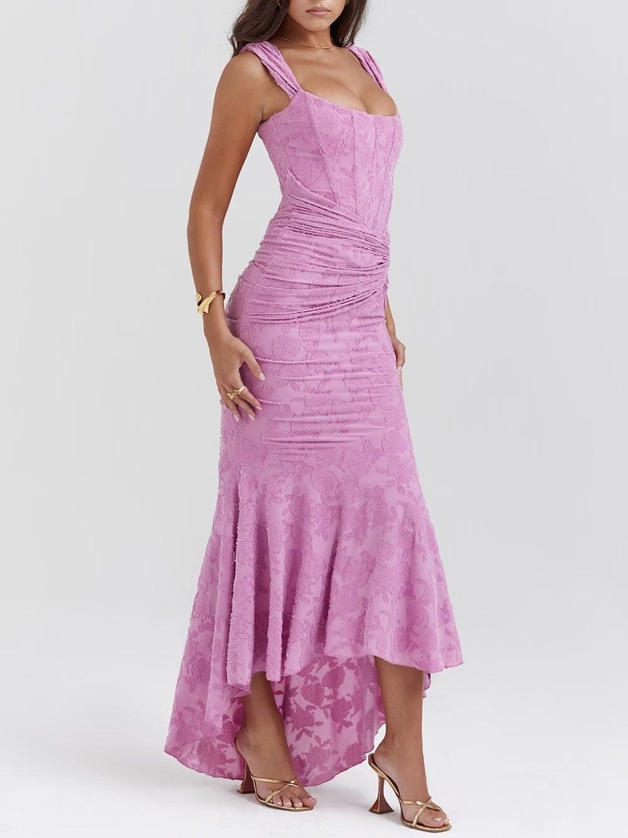 Mother of the Bride Dress Ruched Corset Mermaid Jacquard Lace Midi - Purple-1
