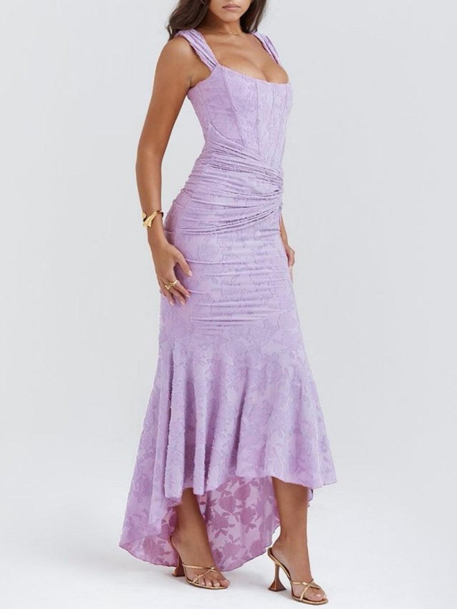 Mother of the Bride Dress Ruched Corset Mermaid Jacquard Lace Midi - Purple-2