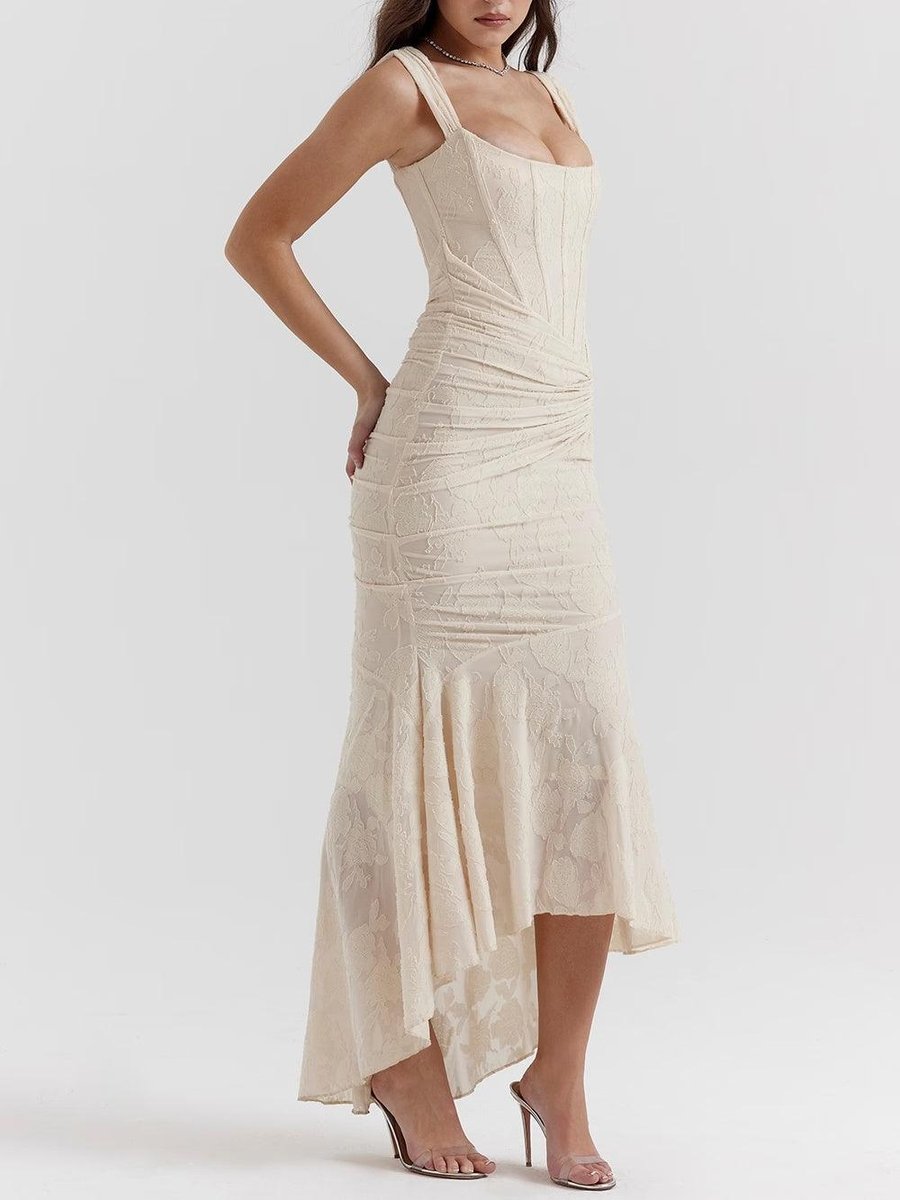 Mother of the Bride Dress Ruched Corset Mermaid Jacquard Lace Midi