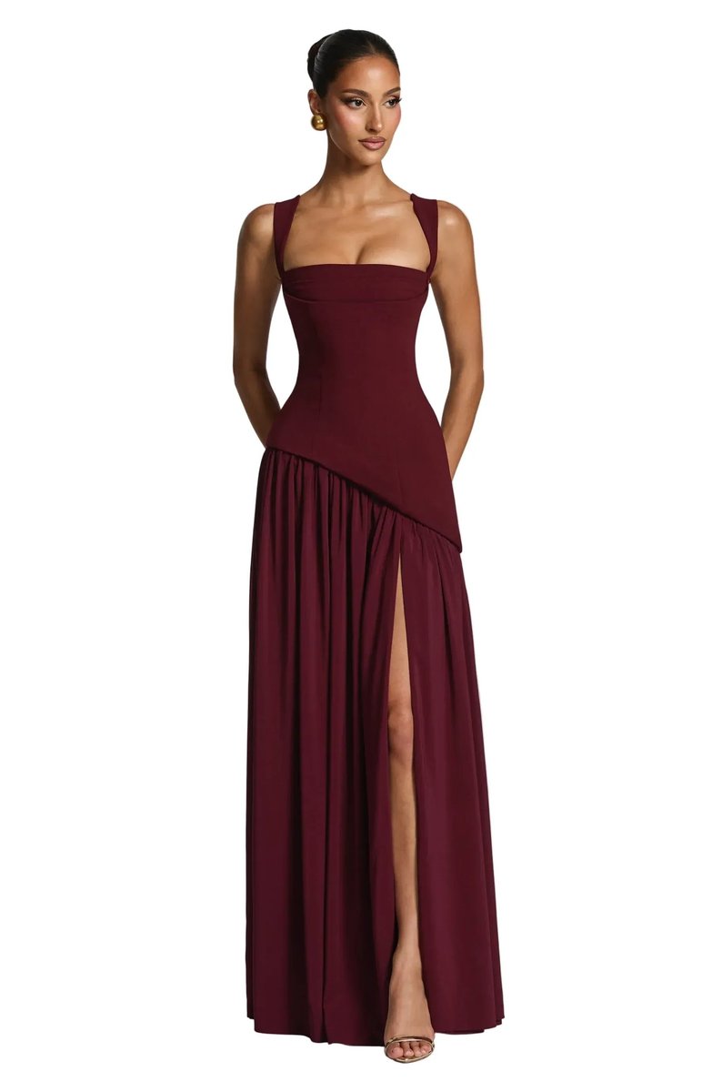 Mother of the Bride Dress Sleeveless Corseted A-Line Maxi Gown Side Slit - Burgundy