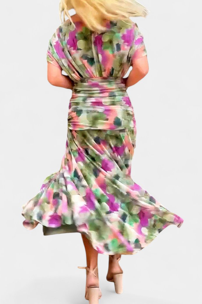 Off-Shoulder Wrap Dress Pleated Waist Deep V-Neck Maxi