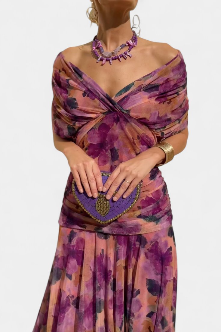 Off-Shoulder Wrap Dress Pleated Waist Deep V-Neck Maxi - Purple