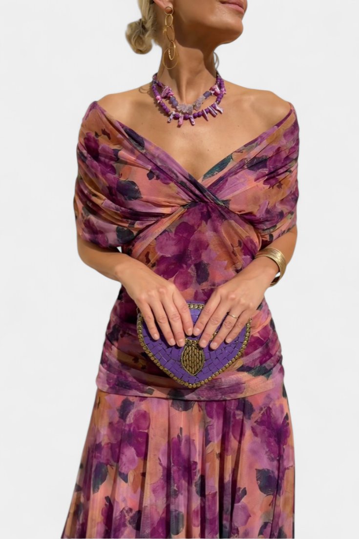 Off-Shoulder Wrap Dress Pleated Waist Deep V-Neck Maxi