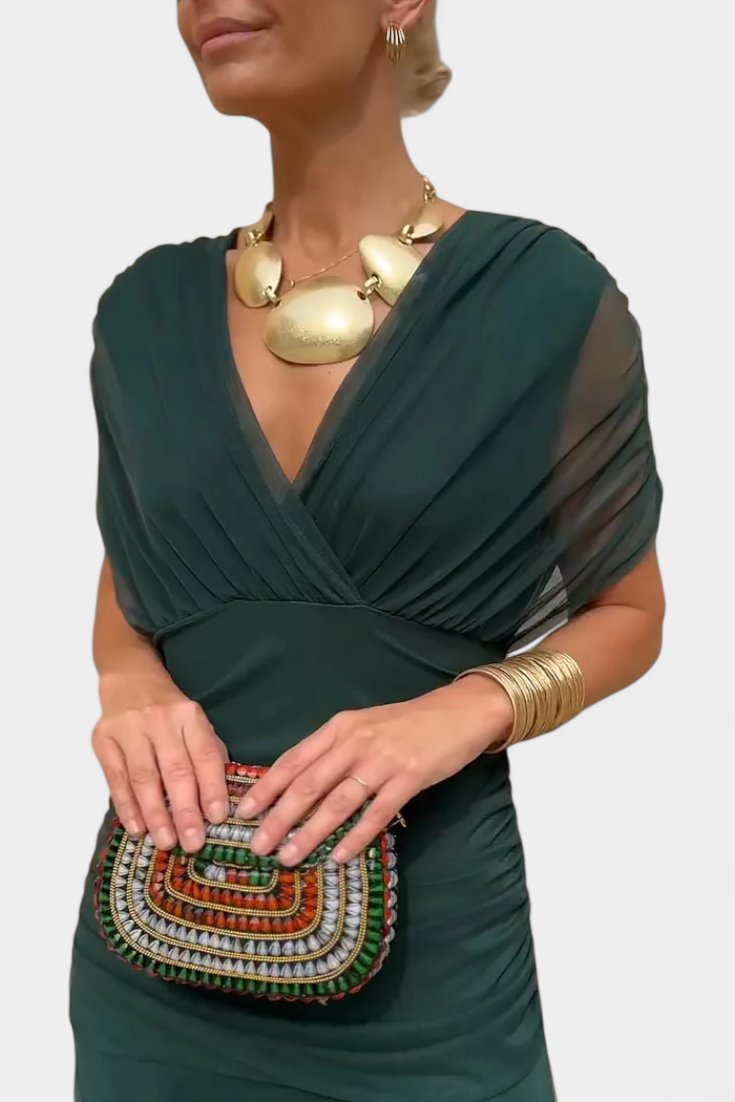 Off-Shoulder Wrap Dress Pleated Waist Deep V-Neck Maxi - Green