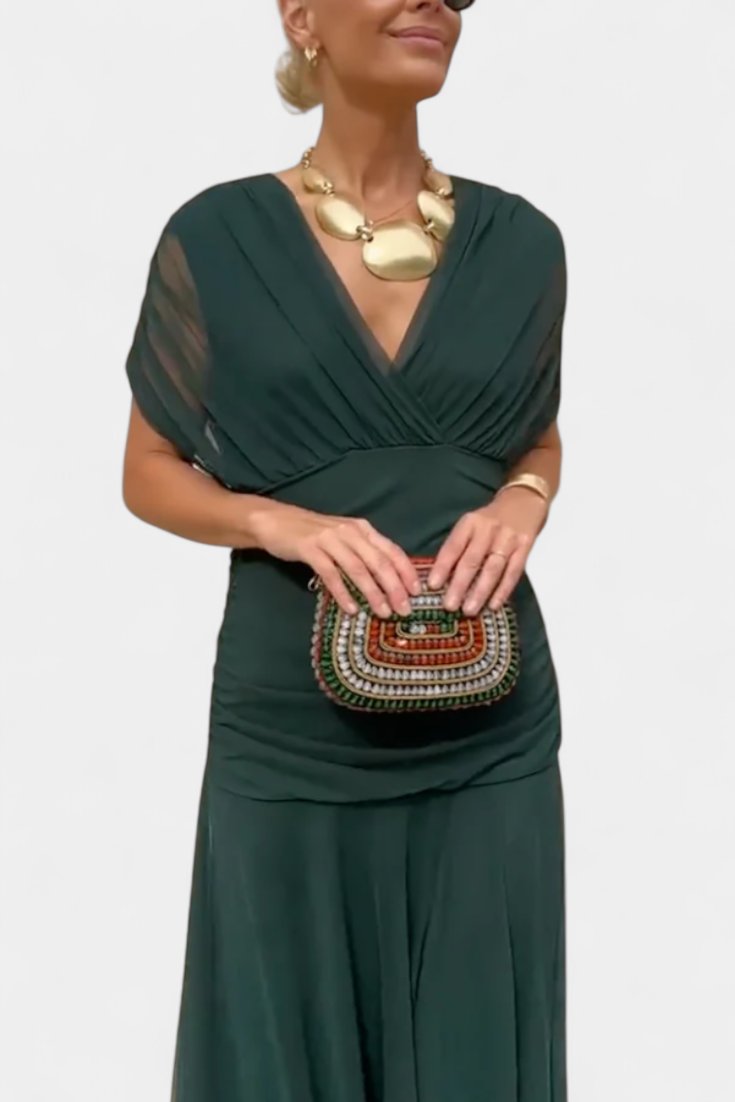 Off-Shoulder Wrap Dress Pleated Waist Deep V-Neck Maxi