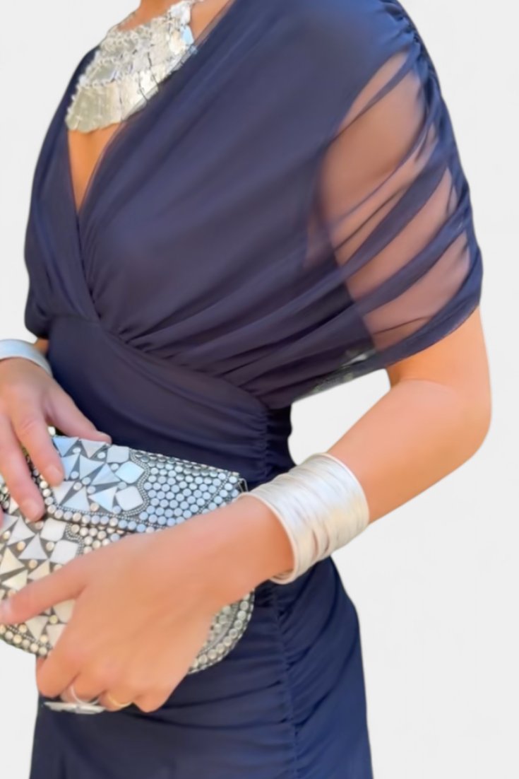 Off-Shoulder Wrap Dress Pleated Waist Deep V-Neck Maxi - Blue