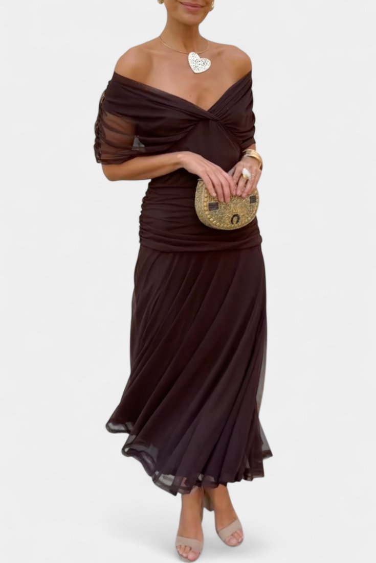 Off-Shoulder Wrap Dress Pleated Waist Deep V-Neck Maxi