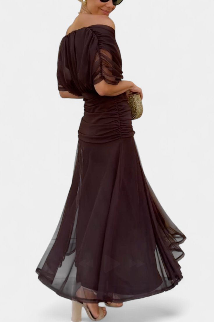 Off-Shoulder Wrap Dress Pleated Waist Deep V-Neck Maxi