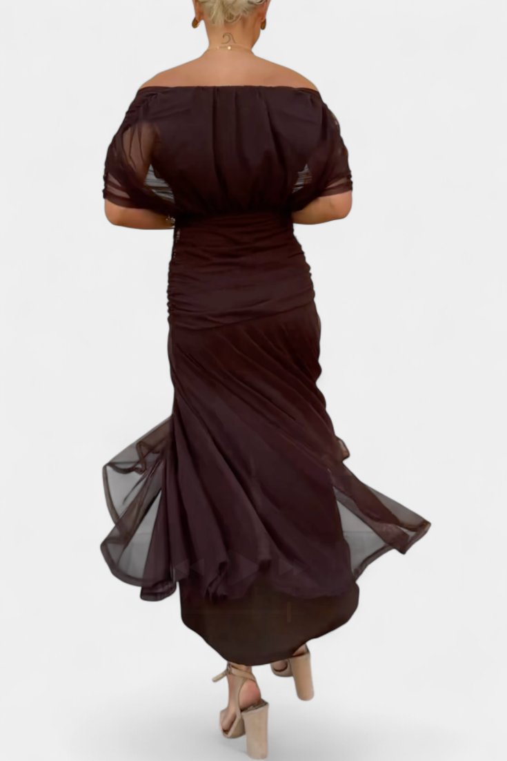 Off-Shoulder Wrap Dress Pleated Waist Deep V-Neck Maxi