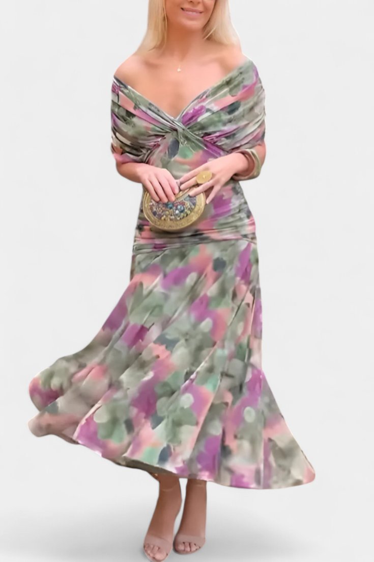 Off-Shoulder Wrap Dress Pleated Waist Deep V-Neck Maxi - Green and Purple