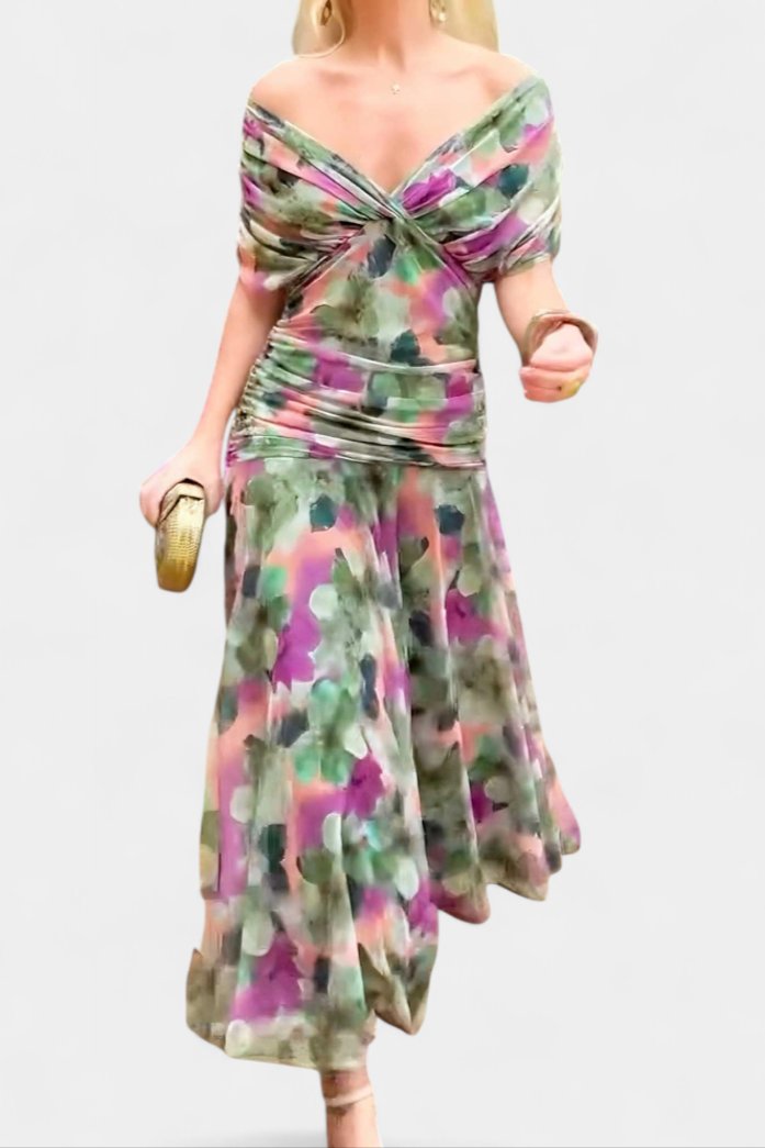 Off-Shoulder Wrap Dress Pleated Waist Deep V-Neck Maxi