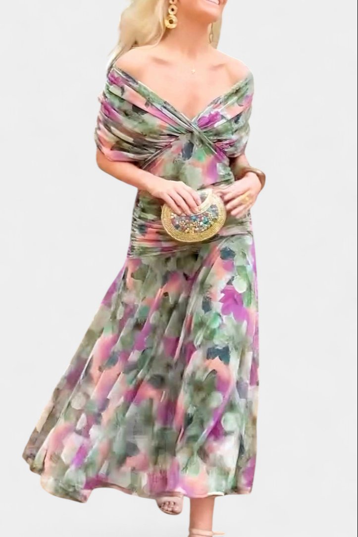 Off-Shoulder Wrap Dress Pleated Waist Deep V-Neck Maxi