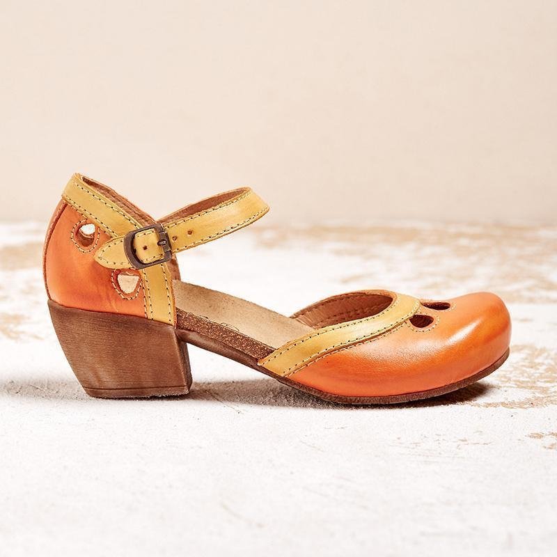 Orthopedic T-Bar Sandals Low Heel Arch Support Comfort - Orange