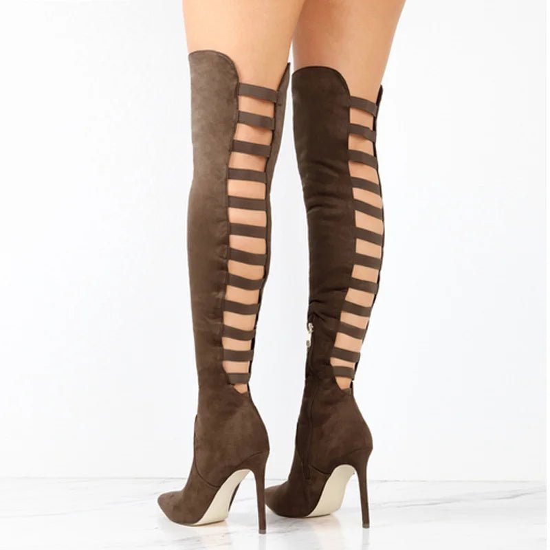 Over-The-Knee Boots Cutout High Heel Thigh-High - Brown