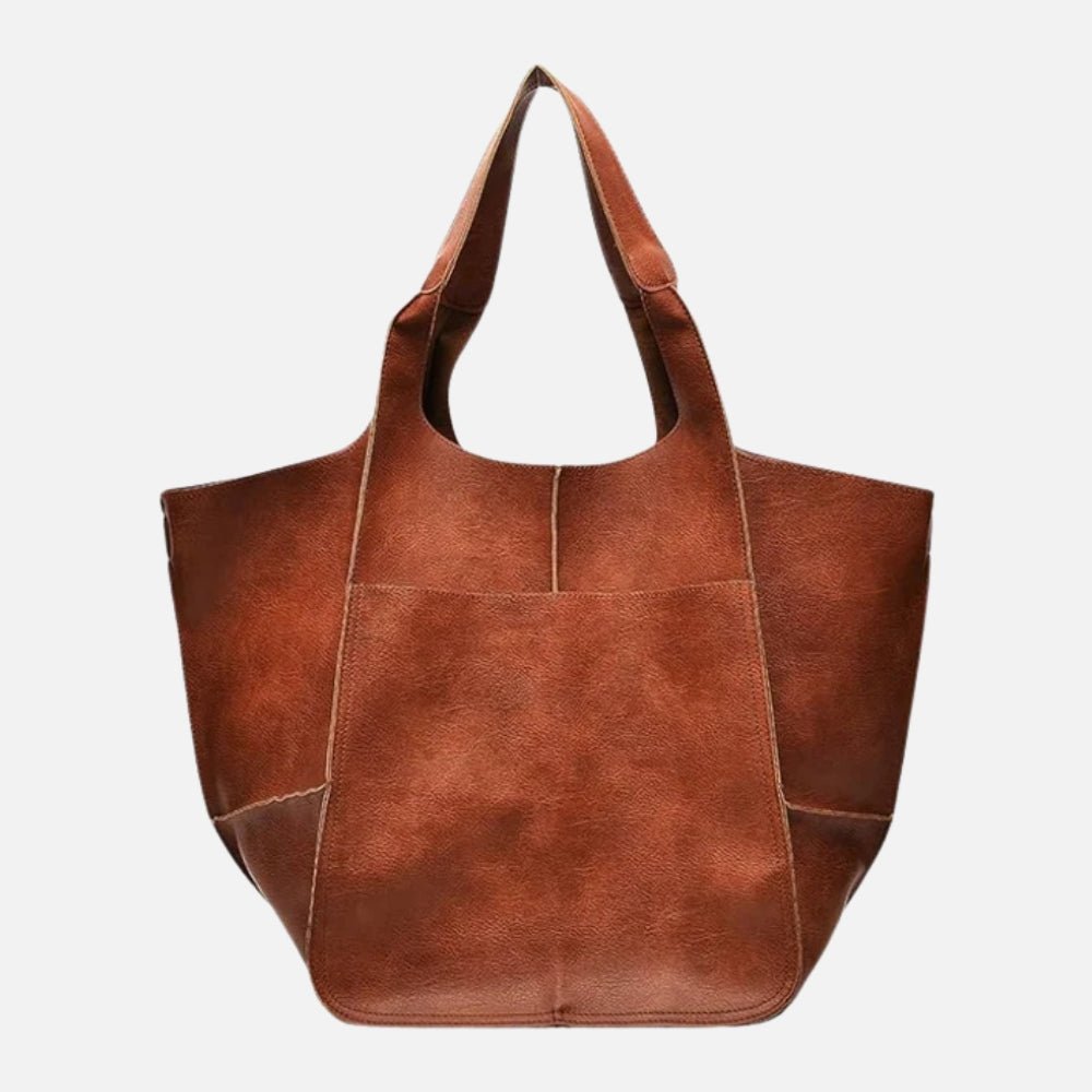 Oversized Vintage Leather-Look Tote Bags Patch Pocket Shoulder Bag